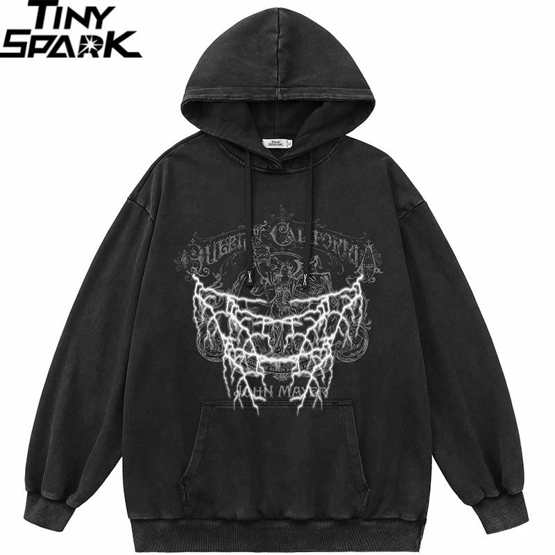 2023 Hip Hop Streetwear Hoodie Sweatshirt Washed Retro Graphic Lightni