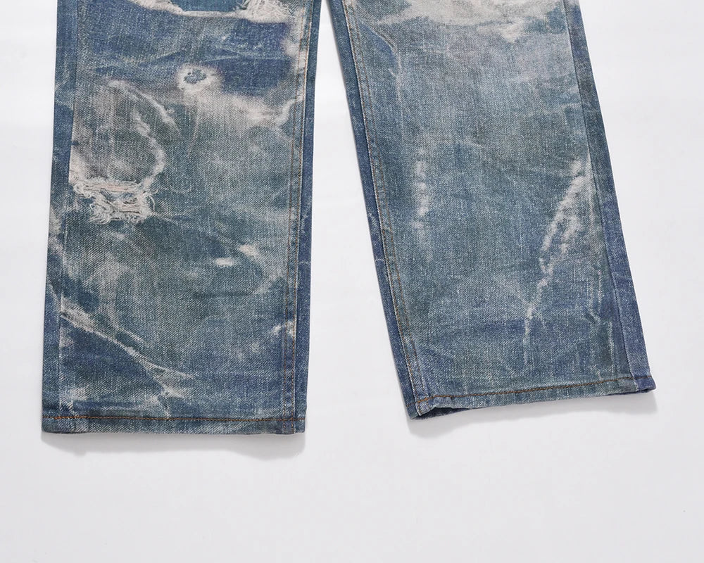 y2k hip hop laser printed hole casual loose jeans pants for men and women straight patchwork oversized baggy denim trousers unique jeans style 5576