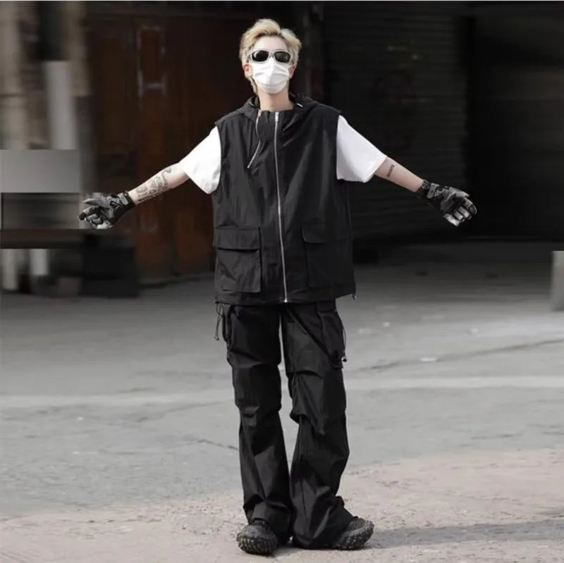 summer casual sleeveless set men hip hop loose hooded vest pockets straight leg cargo pants 2 piece outdoors sports camp suit unique cargo style 4415