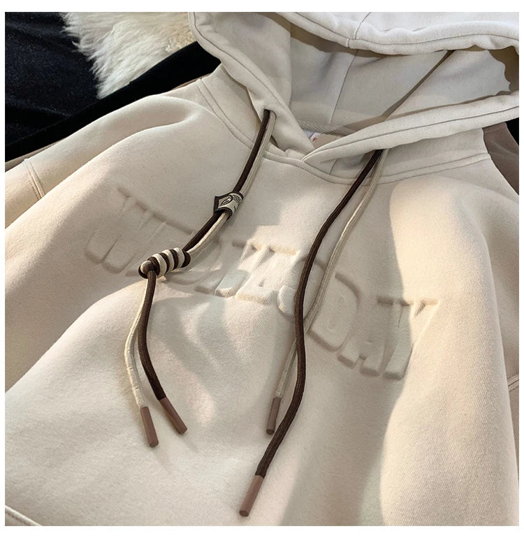 Embossed Letters Casual Hooded Sweatshirt Basic Colours Drawstring Cla