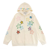 Hip Hop Zip Up Hoodie Jacket Y2K Star Embroidered Fleece Hooded Coat 2