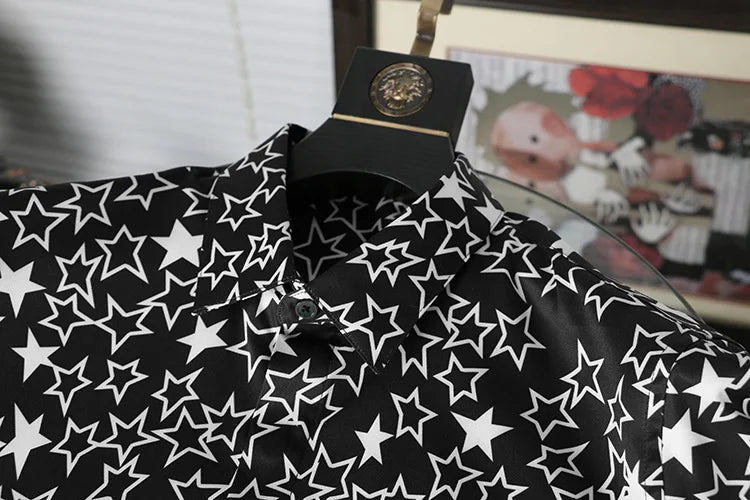 New 2022 Men 3D luxurious Classic Black White Star Print Fashion Silk Casual Shirts Shirt high Pocket Long-sleeves S 2XL #D276