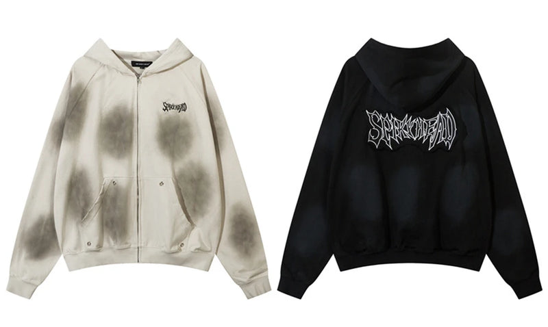 Vintage Zip Up Hoodie Jacket Y2K Punk Gothic Loose Washed Hooded Sweat