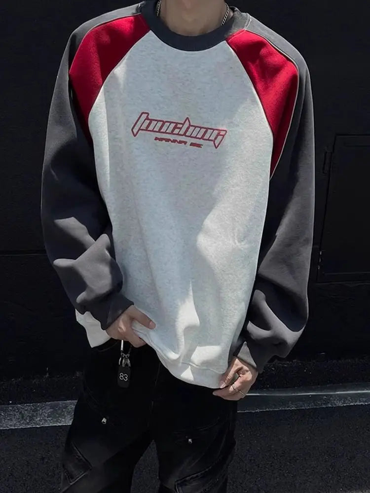 Motorcycle Style Round Neck Sweatshirt Men 2024 Spring Autumn Niche Contrasting Color Pullover Hot Top