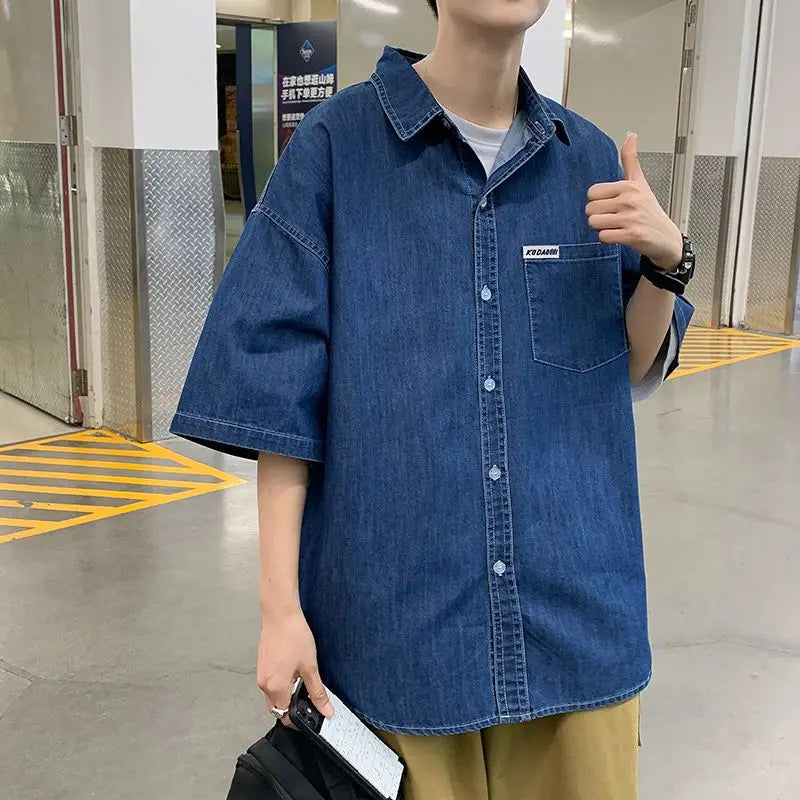 American summer thin denim shirt for men and women loose fit hip-hop short sleeved retro personality casual street top harajuku