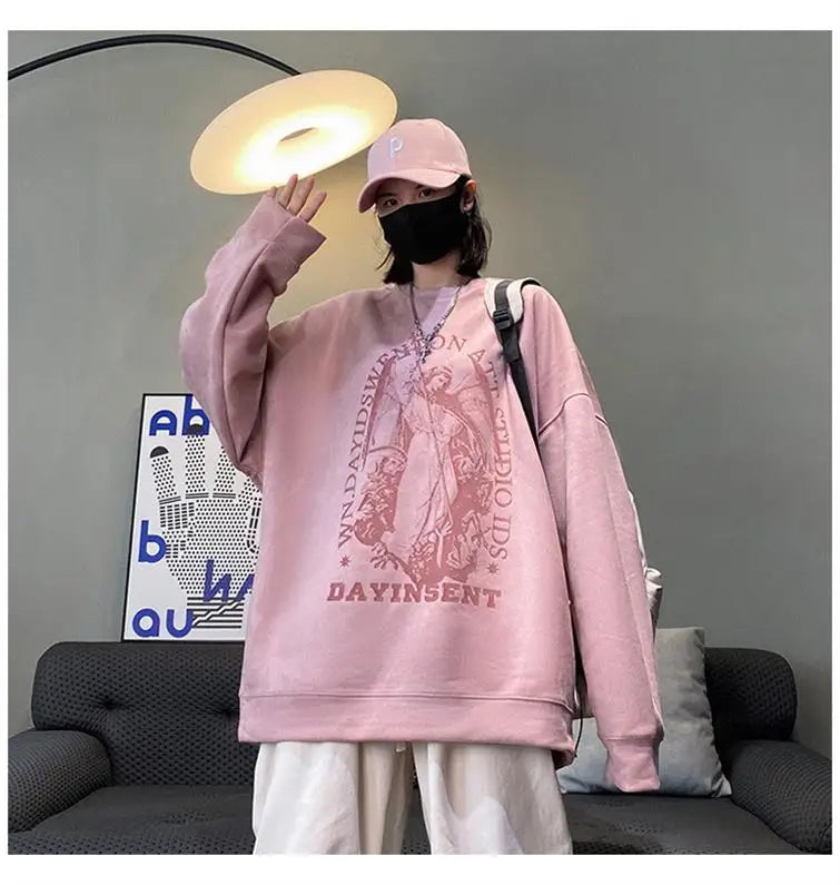 Autumn Korean Personality Street Boys Unisex Round Neck Sweatshirt Trendy American Couple Suede Long-sleeved Shirt Top