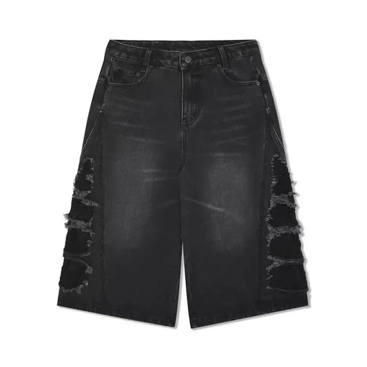 mens hip hop washed denim shorts broken hole folds burr edge street punk cowboy middle pants pockets bomber quarter pants y2k unique jeans style 4926
