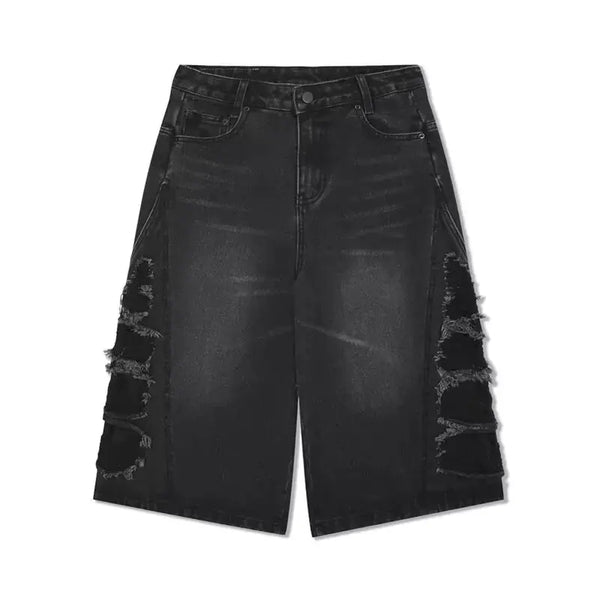 mens hip hop washed denim shorts broken hole folds burr edge street punk cowboy middle pants pockets bomber quarter pants y2k unique jeans style 4926
