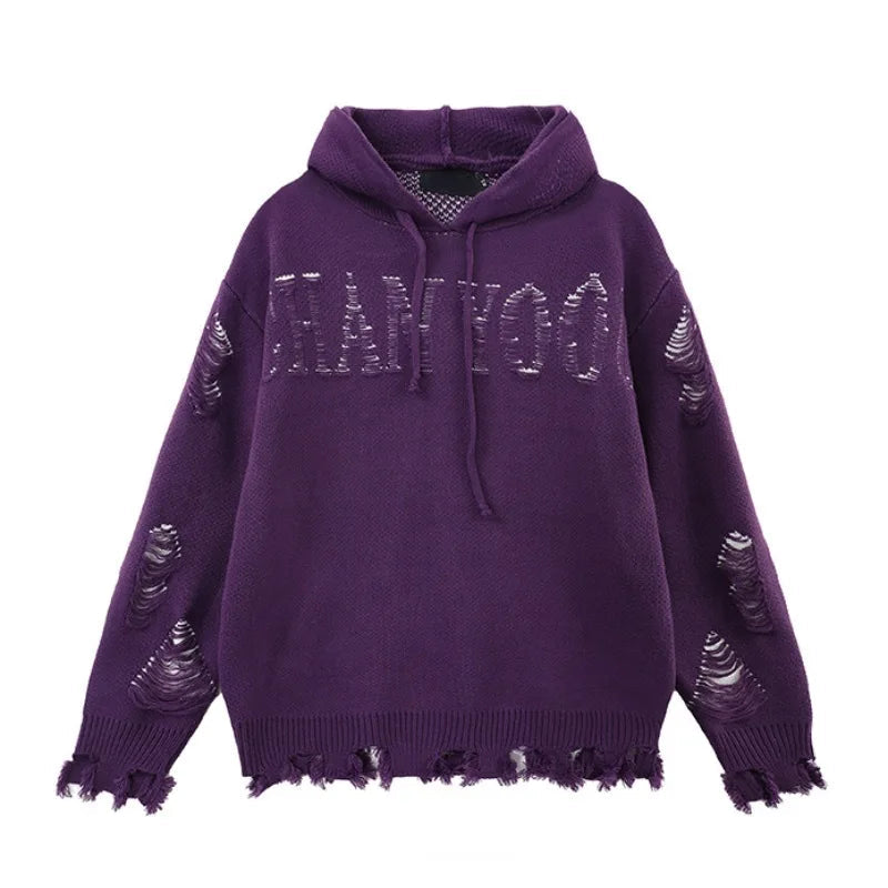 fashion ripped letter knitted hooded sweater unisex hoodies ripped bottom holes knit pullover streetwear loose sweaters clothing - oversized streetwear hoodie, trendy hip hop fashion hoodie, urban fashion pullover