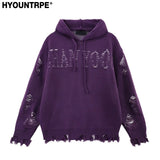fashion ripped letter knitted hooded sweater unisex hoodies ripped bottom holes knit pullover streetwear loose sweaters clothing - oversized streetwear hoodie, trendy hip hop fashion hoodie, urban fashion pullover