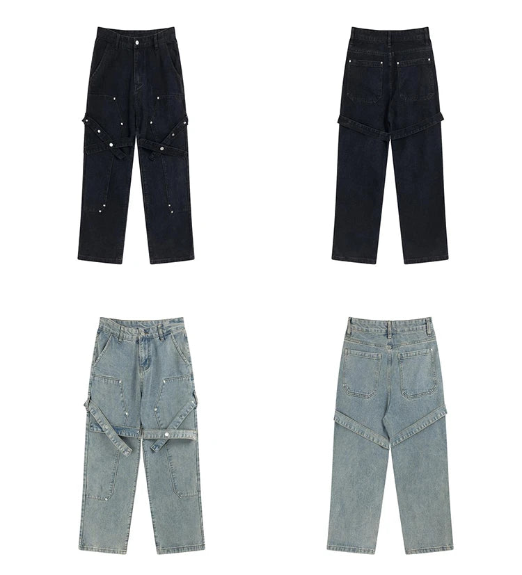 fashion knee adjust belt decoration denim jeans zipper straight jeans hip hop streetwear mens casual loose joggers jeans pants unique joggers style 2575