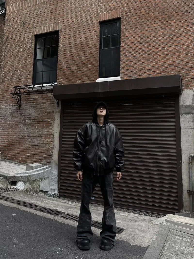 Winter American Fake Two Pieces Parkas Mens Heavy Weight Thicken Hip Hop PU Leather Cotton Jacket Trend Loose Motorcycle Coats