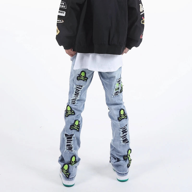 skull embroidery patchwork ripped denim jean pants fashion biker straight trousers streetwear hip hop joggers pant men clothing unique joggers style 2385