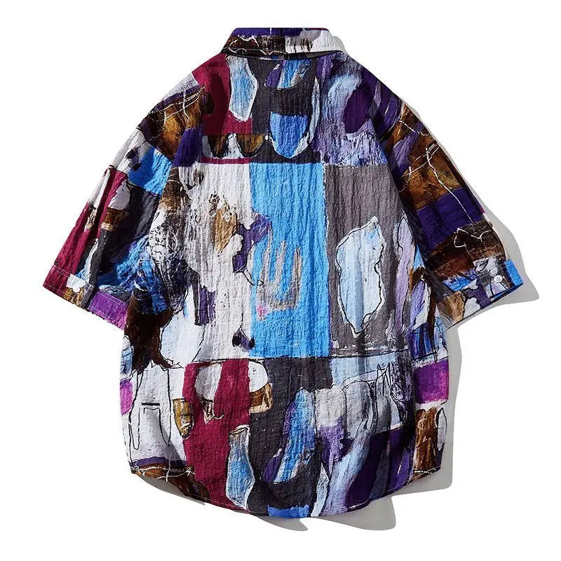 American men and women trendy personalized graffiti printed short sleeved shirt summer couple hip-hop loose fitting Harajuku top