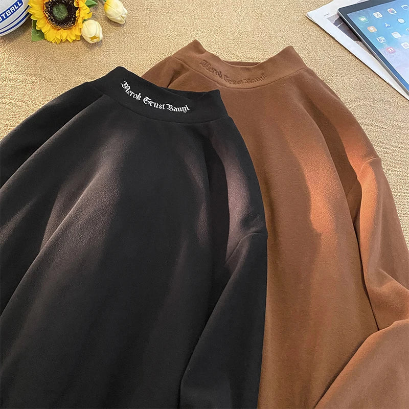 Autumn Winter Warm Classic Long Sleeve Bottoming Shirt Gothic Style Embroidery Half-high Neck Tops Loose T-shirt