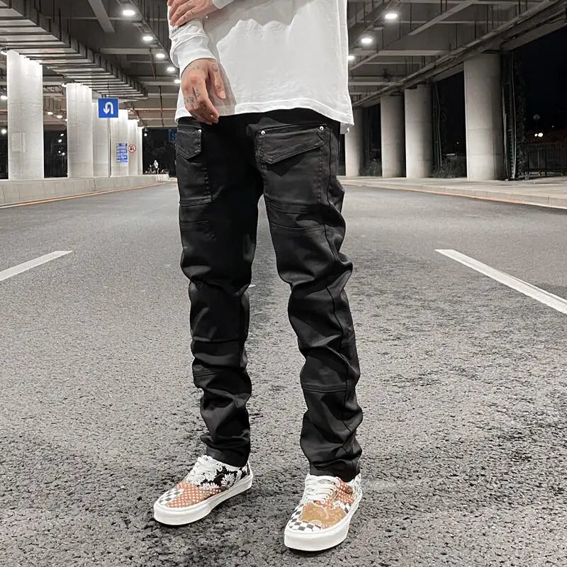 streetwear kanye slim fit feet coated black jeans pants for men pocket brushed wax tapered pants man casual cargo jeans y2k unique cargo style 4547