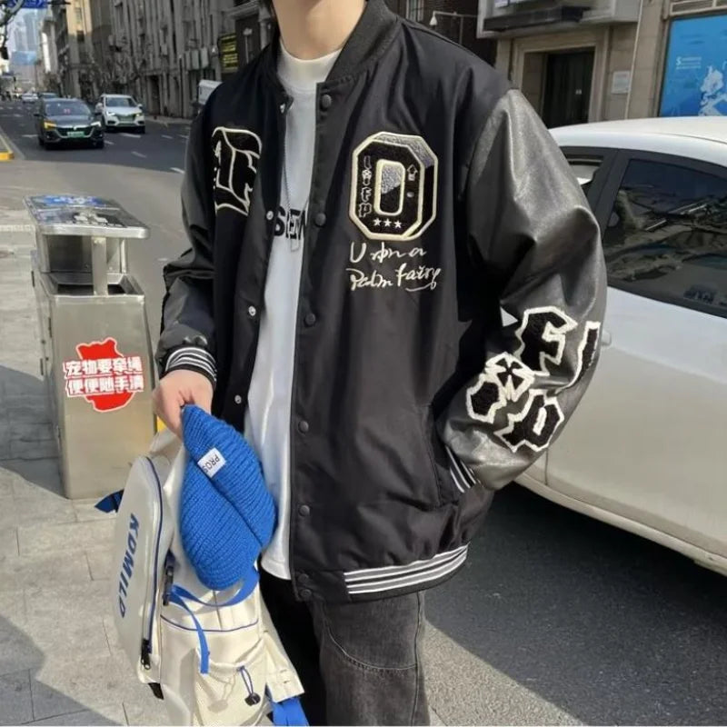 checkered varsity coat, layered streetwear look, trendy