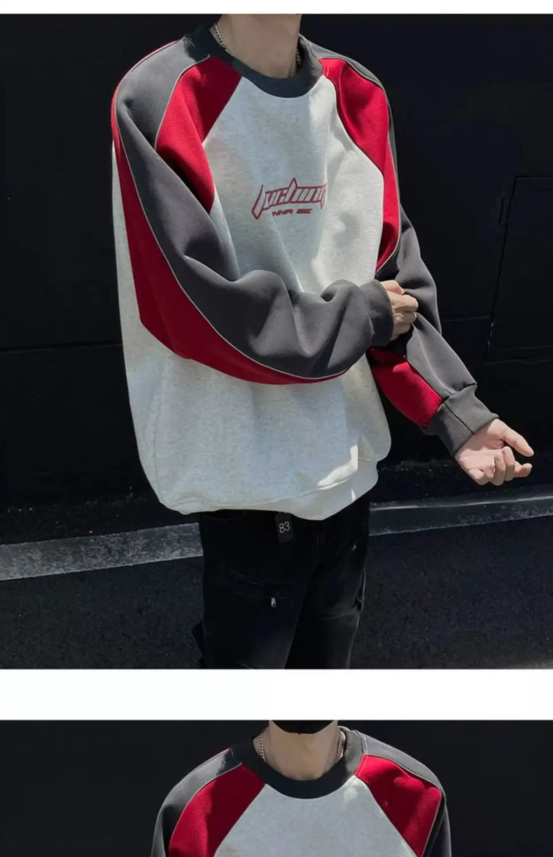 Trendy Personality Korean Motorcycle Style Round Neck Sweatshirt Men 2024 Spring Autumn Niche Contrasting Color Pullover Hot Top