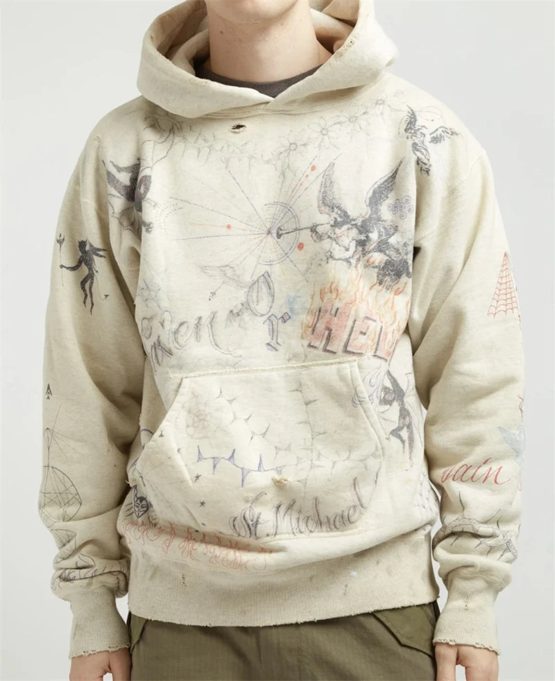 Vintage High Quality Hand Painted Graffiti Printed Washed Fleece Hoodi