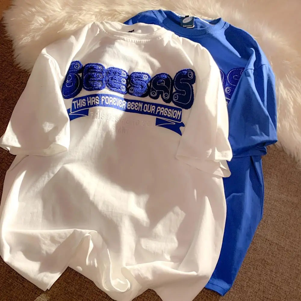 Harajuku Oversized Shirt – Retro Klein Blue Flocking Embroidery T Shirts Fashion Preppy – Modern Streetwear for Everyone