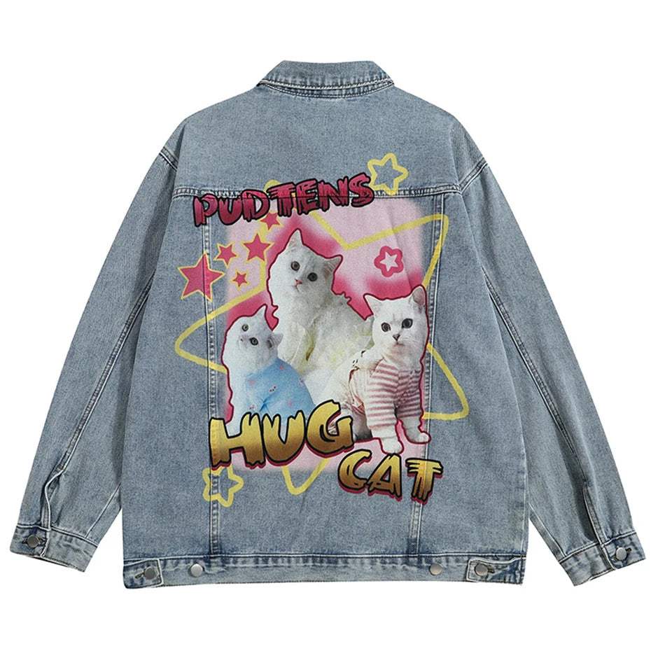 everyday graphic - style streetwear urban fashion unisex casual image quality fit hip essential design oversized hop wear material funny-cat-graphic-denim-jacket-men-hip-hop-streetwear-oversized-harajuku-blue-jeans-jackets-y2k premium style high print 321f20 streetwear design ID 111f9