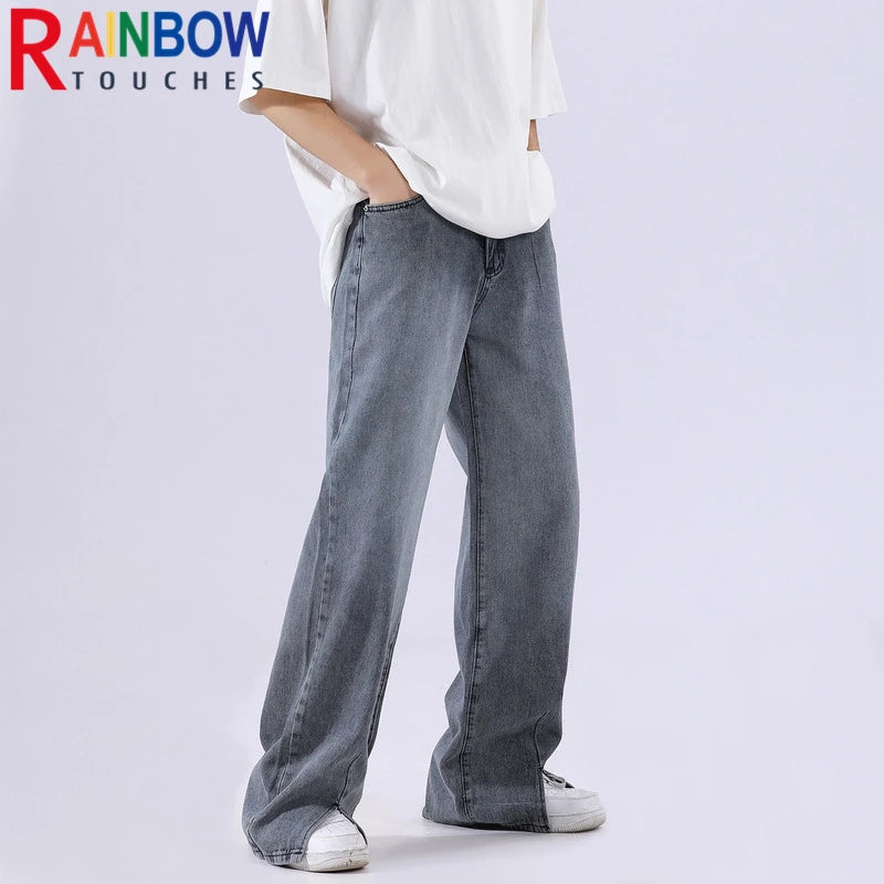 rainbowtouches mens washed jeans vintage high street gradient fashion trends zipper jeans loose straight long pant casual pants urban skinny jeans