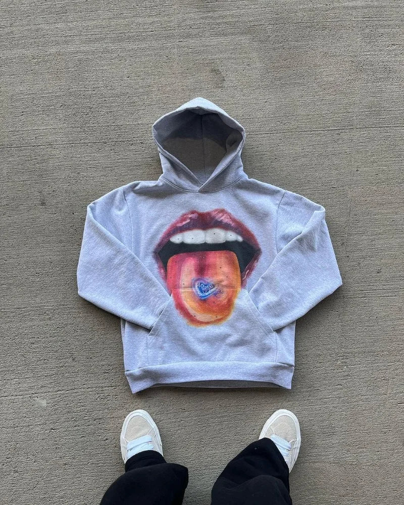 American High Street Retro Big Mouth Anime Print Oversized Hoodie Men