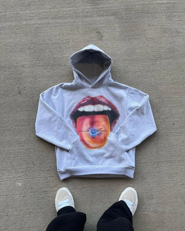 American High Street Retro Big Mouth Anime Print Oversized Hoodie Men