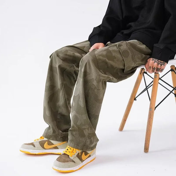 army green hip hop cargo pants for men camouflage loose american street overalls multi pocket drawstring straight trousers military streetwear pants