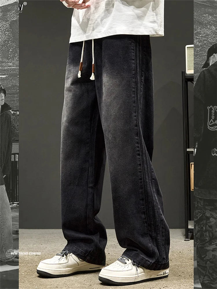 elastic waist baggy jeans for men side striped wide leg denim pants korean fashion casual trousers y2k vintage jean hombre unique jeans style 3253