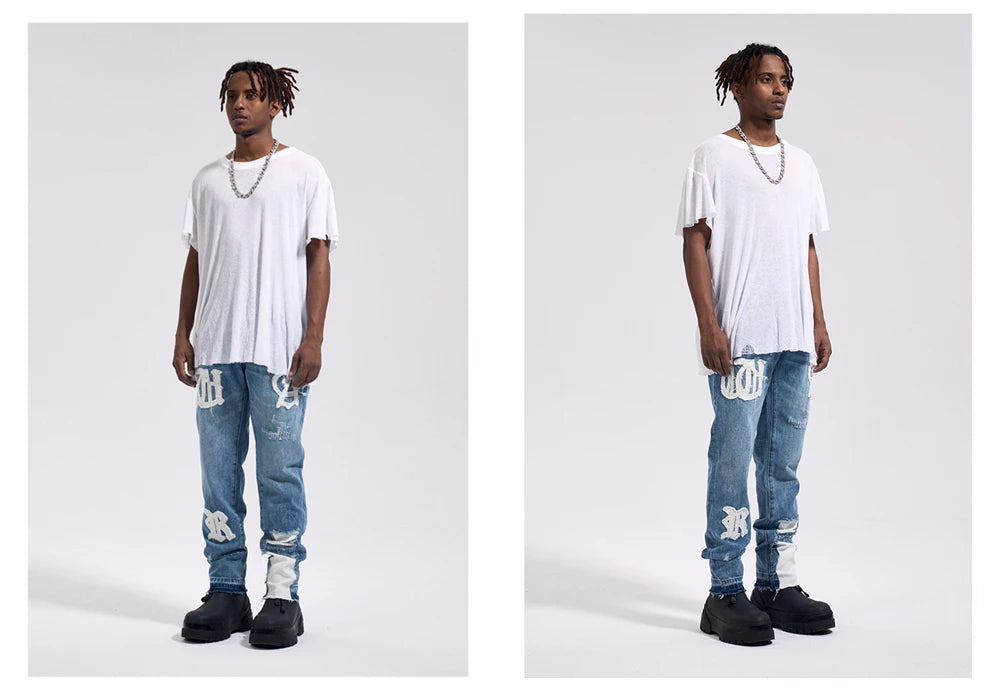 Frog drift Fashion Streetwear High Street REMAKE y2k Straight Stickers Blue Denim Jeans Trousers for men homme