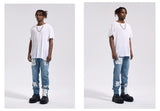 Frog drift Fashion Streetwear High Street REMAKE y2k Straight Stickers Blue Denim Jeans Trousers for men homme