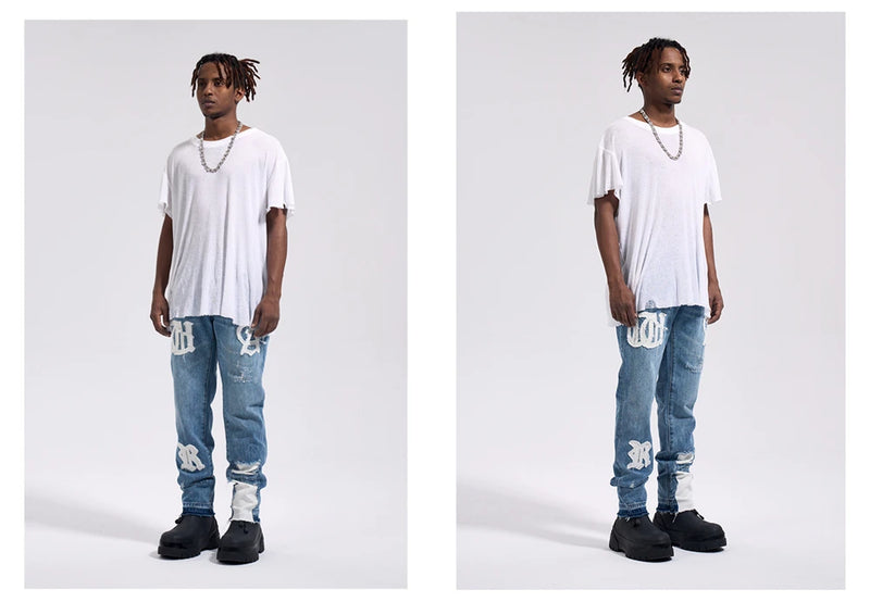 Frog drift Fashion Streetwear High Street REMAKE y2k Straight Stickers Blue Denim Jeans Trousers for men homme