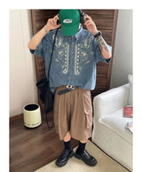Retro embroidered denim shirts for men and women in summer loose Hong Kong style distressed short-sleeved Polo collar couple top