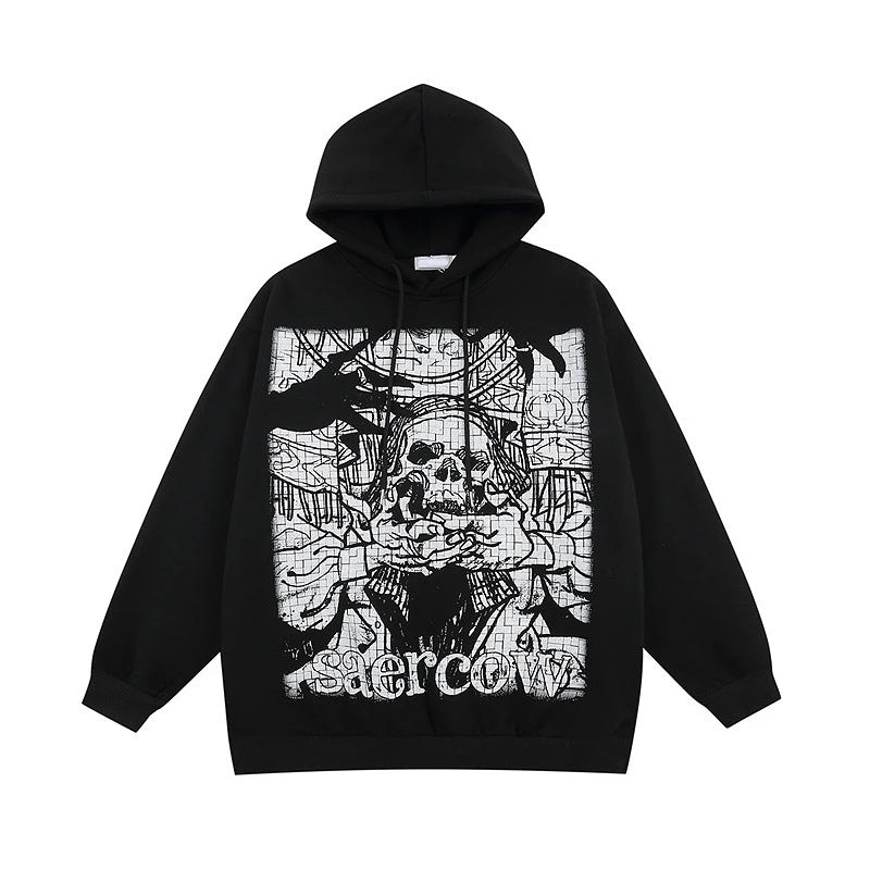 glitchcore tribal flames featuring 2023 retro streetwear harajuku hoodie sweatshirt skull graphic cotton hoodies mens hip hop punk thick hooded pullover unisex