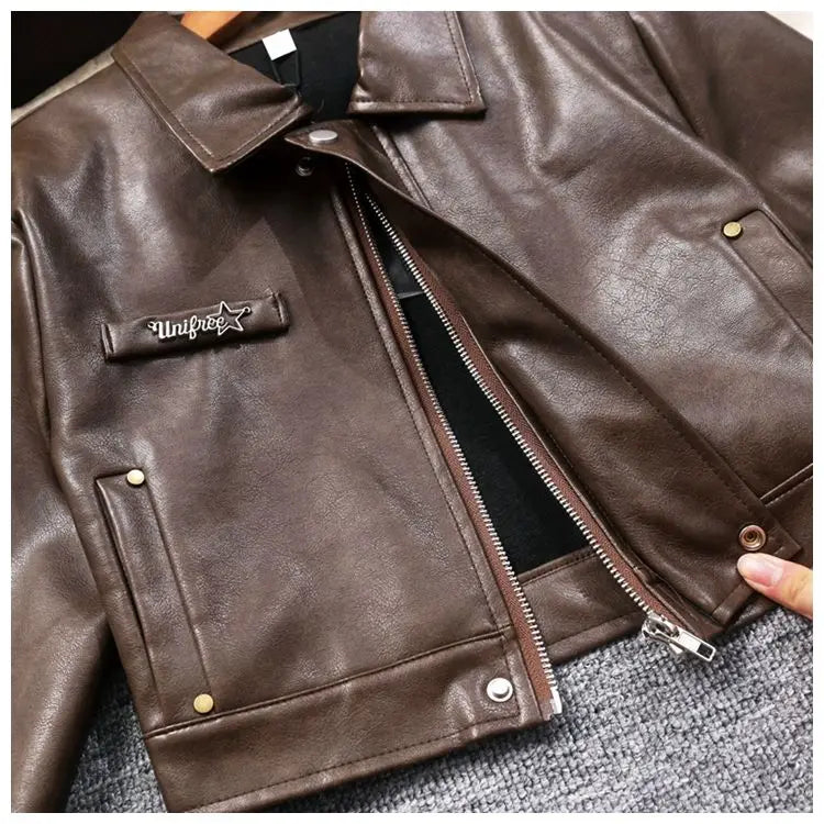 Retro hot girl camisole irregular big swing skirt short leather jacket coffee color set two piece sets womens outifits dress