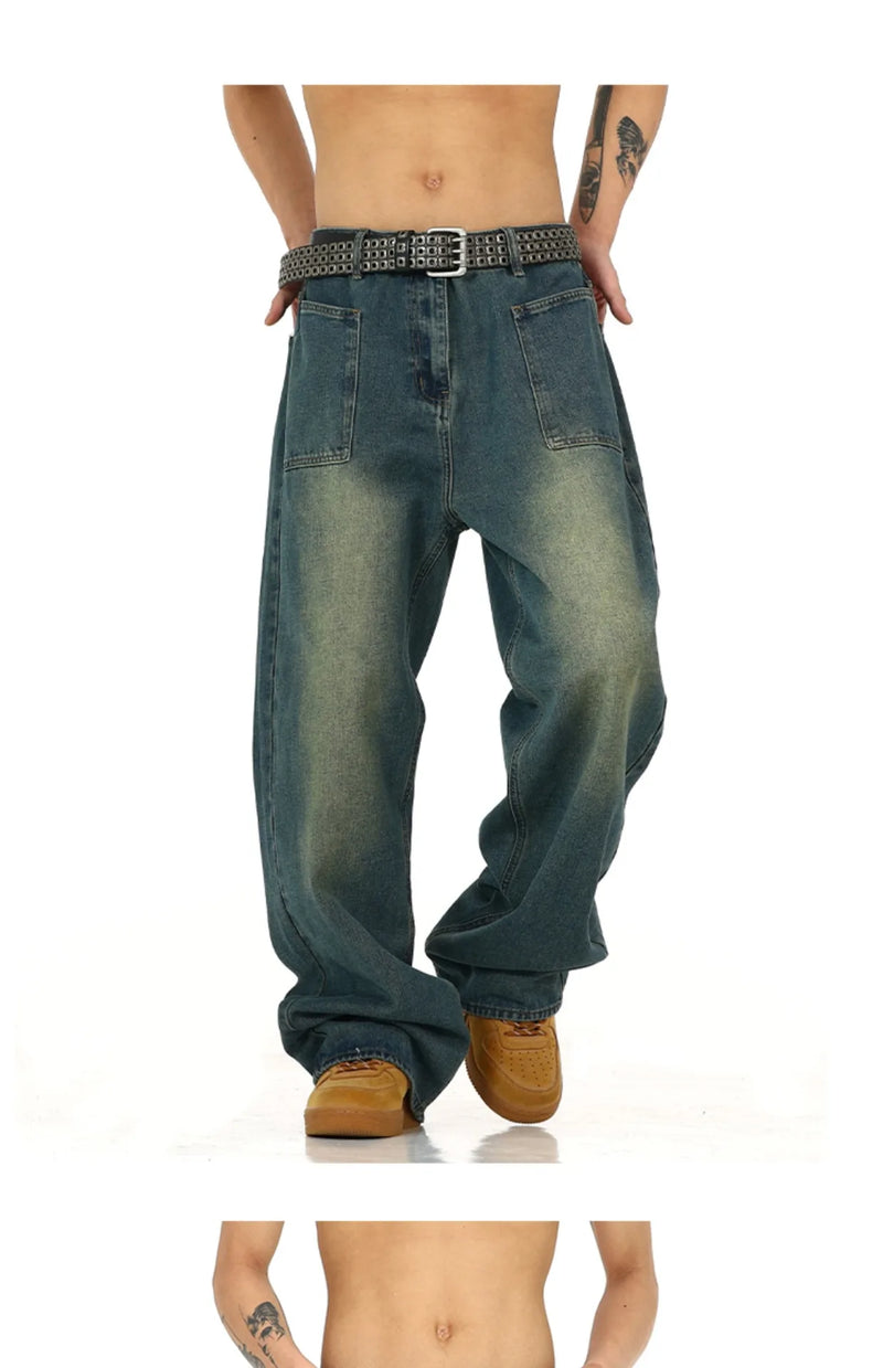 retro washed denim baggy jeans pants unisex hip hop fashion streetwear harajuku loose wide leg straight y2k pants joggers men unique joggers style 490