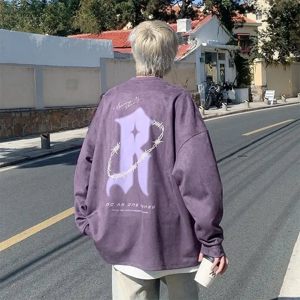 Korean Personalized Street Buckskin Sweatshirt for Men in Autumn and Winter New Trendy Y2K American Retro Student Round Neck Top