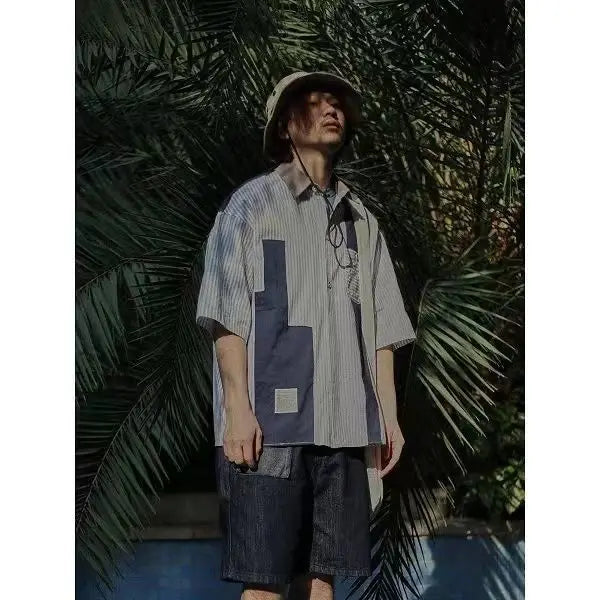 2023 Summer New Light Luxury Fashion Tooling Short-sleeved Shirt Men Loose Couple Casual Striped Shirt Boutique Clothing
