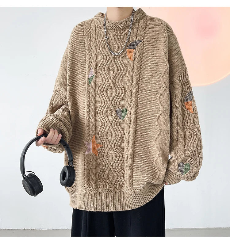 grunge knit sweater with heavyweight fabric, layered urban look for cold weather, street fashion menswear trend for seasonal 