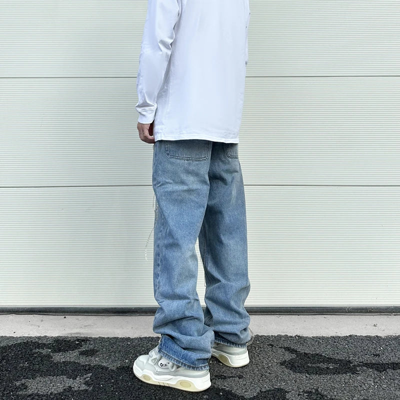 fashion loose streetwear denim jeans new casual wide legs straight jean pants hip hop tassel joggers baggy jeans men clothing unique joggers style 423