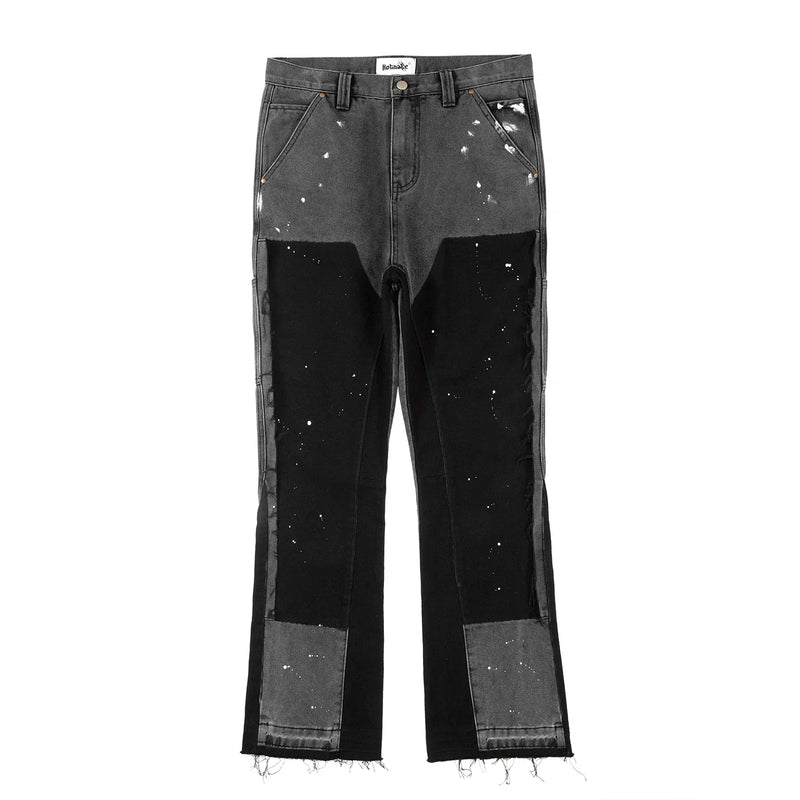 high street spliced speckled ink micro flare pants for men and women patchwork baggy jeans ropa hombre casual denim trousers unique jeans style 3574