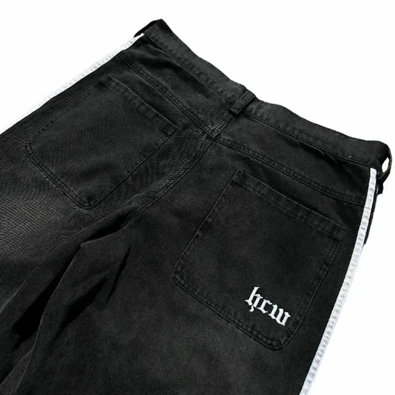 baggy jeans harajuku goth y2k jeans for men black striped new hip hop embroidered wide leg denim pants high street streetwear unique jeans style 272