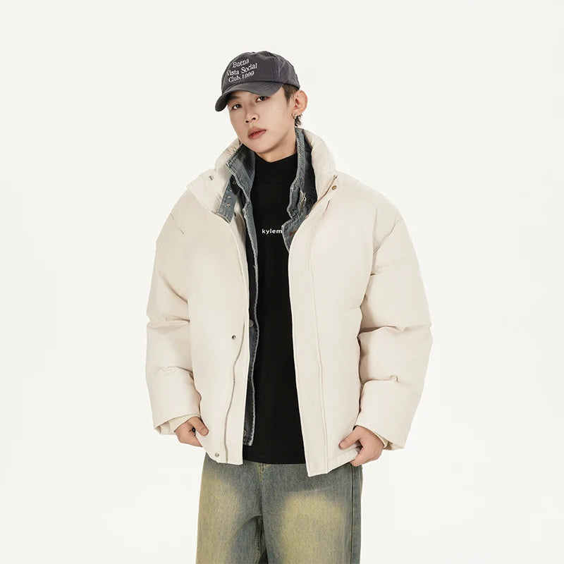 Winter Splice Denim Cotton-padded Jacket Men Women Stand Collar Fashion Loose Casual Thicken Warm Parkas Jacket Boyfriend Coat