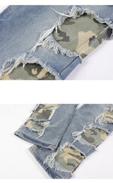 side destroyed ripped holes denim jeans pants mens casual patchwork camouflage loose straight joggers hip hop streetwear jeans unique joggers style 4089