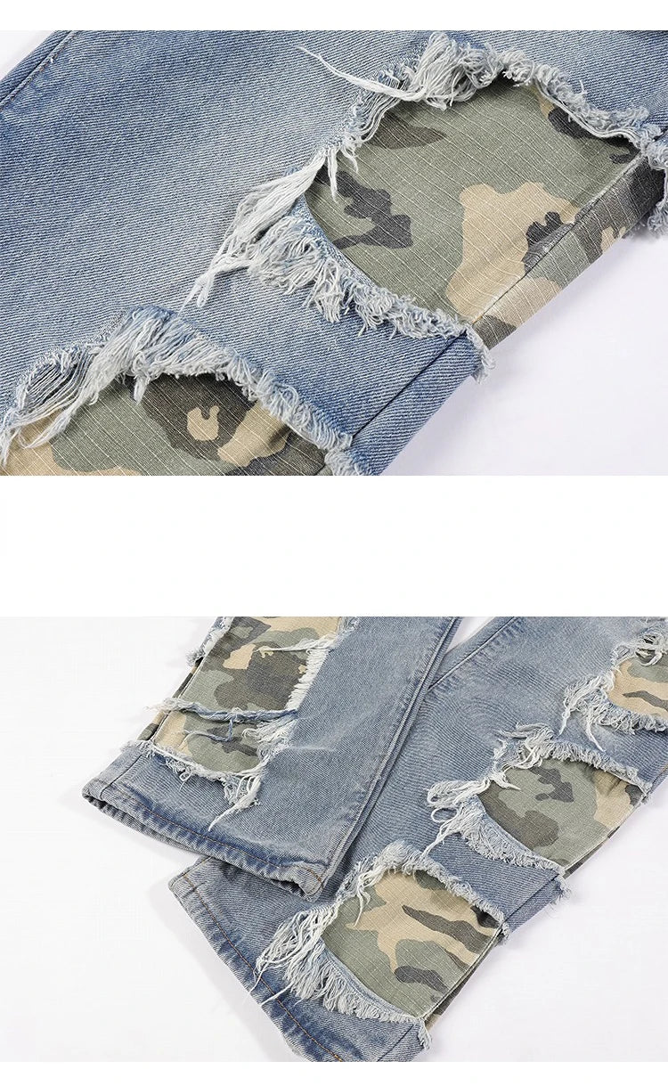 side destroyed ripped holes denim jeans pants mens casual patchwork camouflage loose straight joggers hip hop streetwear jeans unique joggers style 4089