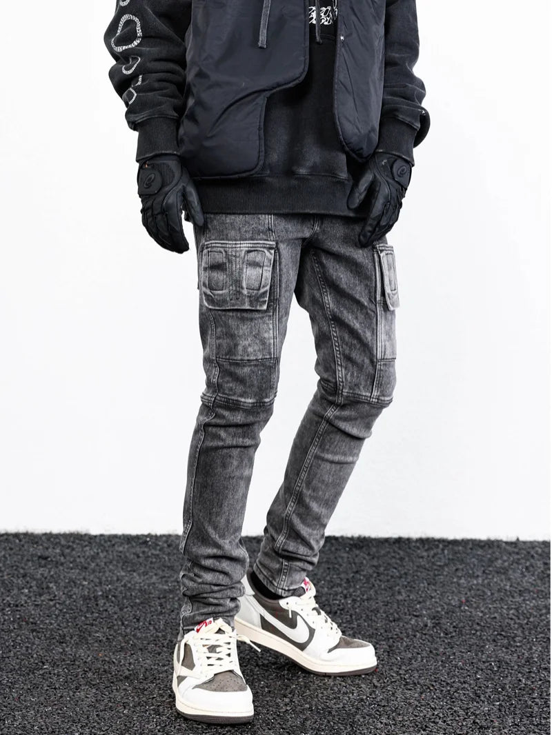 side pocket denim retro jeans mens biker zipper jean trousers hip hop fashion high street slim fit pants joggers y2k men s jeans casual joggers