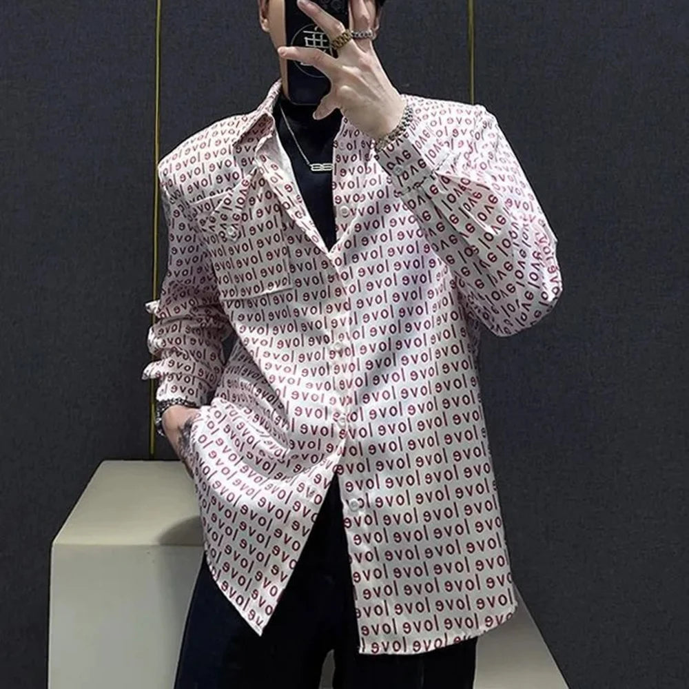 Mens Shirt Love Print Casual Shirt Autumn American Retro Light Streetwear Versatile Campus Long-Sleeve Top Men'S Clothing 2024