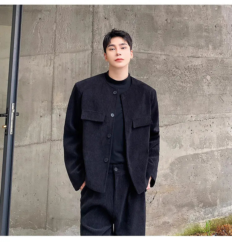 men 2 pieces sets corduroy short jacket wide leg pant suits korean streetwear fashion loose casual retro coat baggy trousers unique shorts style 2811
