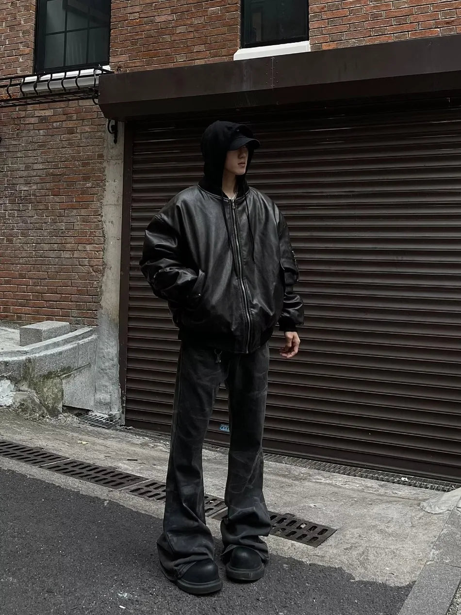Winter American Fake Two Pieces Parkas Mens Heavy Weight Thicken Hip Hop PU Leather Cotton Jacket Trend Loose Motorcycle Coats